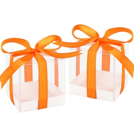 Hxezoc 50 Pack Favor Boxes 2x2x2 Inches Clear Candy Treat Boxes with Orange Ribbons, Mini Plastic Gift for Wedding, Birthday Party, Baby Shower, Classroom Decoration Supplies