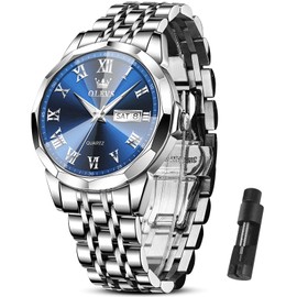 OLEVS Silver Watches for Men Watch Men Blue Face Luxury Stainless Steel Watch for Men Roman Numeral Waterproof Men Watch Date Casual Reloj