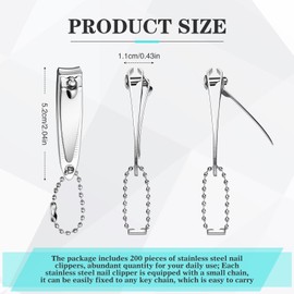 200 Pieces Nail Clippers Bulk Stainless Steel Fingernails Cutters Pointed Toenail Trimmers Manicure Pedicure Tool Set with Key Chains for Kids Men and Women