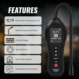 Air Condition Refrigerant Leak Detector Halogen Gas Detector Freon Leak Detector 0-1000ppm Range with 10-Inch Probe 3 Alarm Types for HVAC R12 R22 R134a R410a CFCs, HCFCs, HFCs