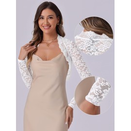 Allegra K Floral Lace Shrug for Women's Ruffle Evening Dress Long Sleeve Open Front Cropped Cardigan White M