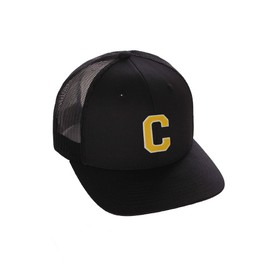 Structured Trucker Mesh Hat Custom Colors Letter C Initial Baseball Mid Profile (Black Black White Gold)
