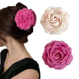 iRIIRIO 2pcs Large Hair Claw Clips wiht Rose Blooms Fabric Silk Hawaiian Flower Hair Clips Hair Accessories for Women Girls (Rose Red, Beige)