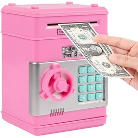 OFKPO Money Box for Kids Ages 3+, Electronic Piggy Bank, ATM Cash Coin Money Can Auto, Safe Money Bank for Girls(Pink)