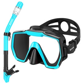 EMSINA E8 Freedom HD Dry Snorkel Set,Panoramic Wide View,Anti-Fog Scuba Diving Mask,Professional Snorkeling Gear(SkyblueBlackX2)