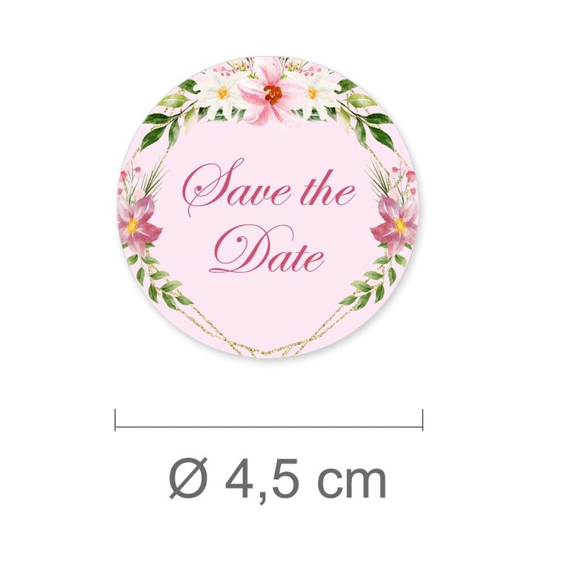 50 Stickers Save the Date Flower Motif Round Diameter 4.5