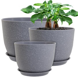UOUZ 12/10/9 Large Modern Plant Pots, Plastic Planters with Drainage Holes and Saucers for Indoor Outdoor Plants Flowers, Grey Speckles
