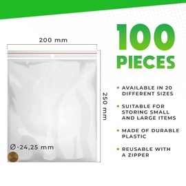 V1 TRADE Zip Bags Set of 100 200 x 250 mm - Baggys - Robust Ziplock Bags - Resealable Bags for Better Organisation - Plastic Bags Sealable