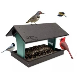 Amish Handcrafted BIRD HOPPER 4 Season Hanging Covered Feeder with Screen Floor AMISH MADE in USA - Tudor Brown & Weathered Wood