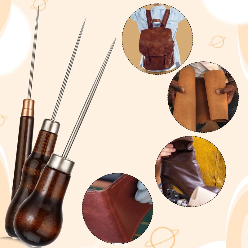 Pack of 3 Awl with Wooden Handle Puncher Leather Tool