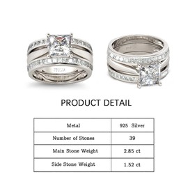 Jeulia 4.37 Carat Engraved Pricess Cut Cubic Zirconia Engagement Ring Diamond Wedding Bands for Women CZ Solitaire Sterling Silver Anniversary Bridal Promise Rings Set (Silver, 5.5)