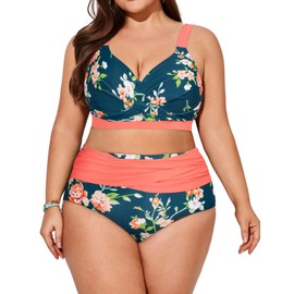 Hanna Nikole Two Piece Black Swimsuit for Women Plus Size Wrapped Front Tummy Control Bikini Sets Orange 12 Plus