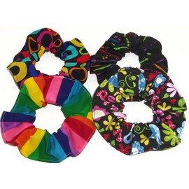 4 Neon Rainbow Floral Peace Signs Fabric Hair Scrunchies Scrunchie handmade by Scrunchies by Sherry