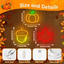 hhuohuona 3-Piece Fall Neon Signs for Wall Decor Thanksgiving Window Lights Dimmable Maple Leaf Acorn Pumpkin Led Sign Fall Autumn Harvest Neon Gifts Decorations