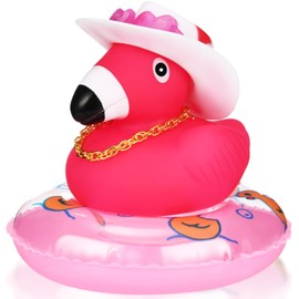 Flamingo Badeente Set, Niedlich Gummi Flamingos mit Sonnenhut Sonnenbrille Goldkette Schwimmring, Lustig Badeente Flamingo Dekorationen für Auto-Armaturenbrett, Büro, Zimmer (Rosa)