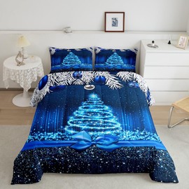 Merry Christmas Kids Comforter Set Queen Size,Snowflake Christmas Tree Bowknot Bedding Set,Girls Boys Adults Xmas Decor,Blue Gradient Line Glitter Down Comforter,Romantic Duvet Insert,2 Pillowcases