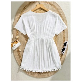 SOLY HUX Girl's Short Sleeve Swimsuit Coverups Fringe Trim Swim Cover Up Beach Dress Beachwear Plain White 8Y