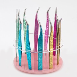 12 Holes Acrylic Rotatable Tweezers Holder Eyelash Makeup Grafting Tweezer Display Stand Extensions Organizer (Pink)