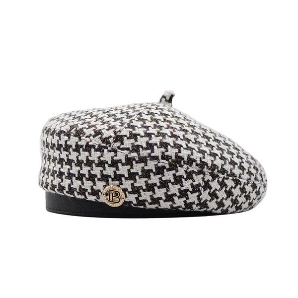 SINLOOG French Beret for Women Vintage Houndstooth Pattern Berets Spring Summer Elegant Beanie Hat Painter Cap Black