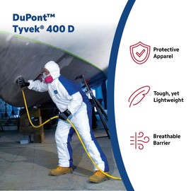 DuPont Tyvek 400D Protective Coverall with ProShield 10 Back, Zipper Front, Hood and Elastic Cuffs, White/Blue, 2X-Large, 25-Pack