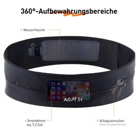 AGPTEK Laufgürtel mit 0.5L Trinkflasche & Anti-Rutsch Design, reflektierend für Nacht - Große Lauftasche für max 7.2 Zoll Handy, verstellbar (85-115cm) - Sportgürtel für Laufen, Fitness, Schwarz