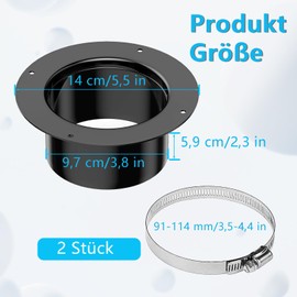 Duct Connector Flange, 97 mm Wall Flange Connector with 2 Hose Clamps, Welding Flange, Straight Pipe Flange, Flange Hose Adapter for Exhaust Hose, Air Conditioning, Ventilation System