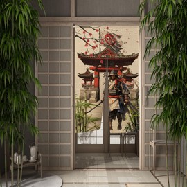 XMJJKUF Traditional Japanese Noren Doorway Curtain Tapestry Window Treatment Cotton Linen for Wall Hanging Home Bathroom Decoration Ukiyoe Room Privacy Divider Partition 28.3"x 47.2" (Warrior, Temple)