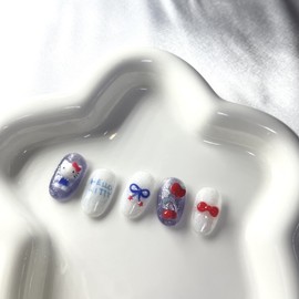 [Premium Handmade Nail Tips] Blue Ribbon Cat Nails - Almond / [프리미엄 수제 네일팁] 블루 리본 고양이 네일 - 아몬드
