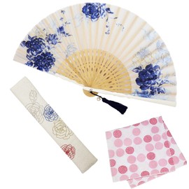 Osaka Choseido Folding Fan, Women's, Stylish, Business, Folding Bag, Handkerchief Included, Peony, blue