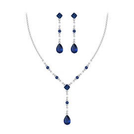 Ever Faith Blue Cubic Zirconia Jewellery Set Elegant Rhombic Sapphire September Birthstone Teardrop Wedding Prom Choker Necklace Dangle Earrings Set for Women