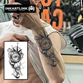 INKARTLINK 2 Sheets Extra large Semi Permanent Tattoos, Temporary Tattoos, Adult Art Designs, Waterproof, Realistic, No Adhesive, No Reflective, Lasts 1-2 Weeks, Extra Large (Compass)