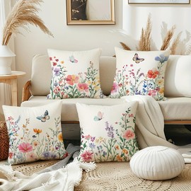 NOKOLULU 18x18 Inch Boho Throw Pillow Covers - Floral Butterfly Throw Pillows Set of 4 - Modern Decorative Couch Pillows for Sofa Bedroom, Premium Linen Cover & Machine Washable (Floral, 18"x18")