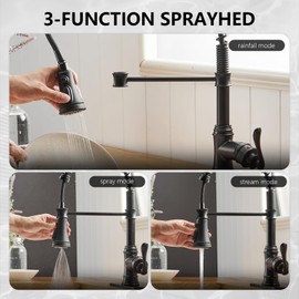 BWE Kitchen Sink Faucet with Deck Plate Single Handle Lever with Pull Down Sprayer Spring 3 Function Kitchen Faucet High Arc Farmhouse Commercial Bar Kitchen Faucets Matte Black