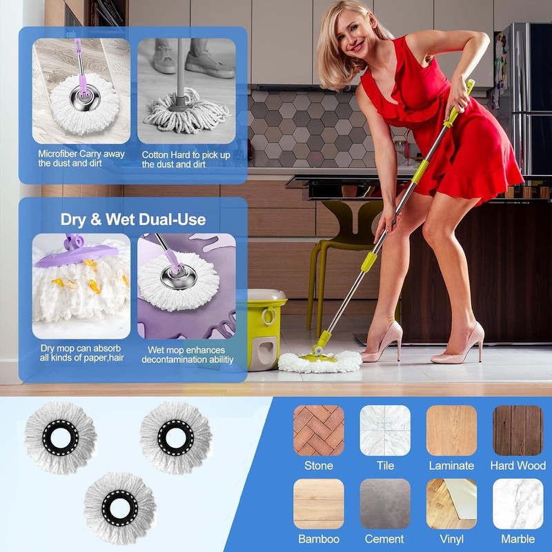 3 Pack Mop Heads Replacement, 360° Spin Mop Heads Standard