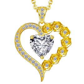 Beam & Bask 2 Carat Moissanite Rose Flower Heart Necklace for Her, Sterling Silver Plated with 18K Gold, Birthday, Wedding, Anniversary Pendant Jewelry for Girlfriend, Wife, Bride, Soulmate