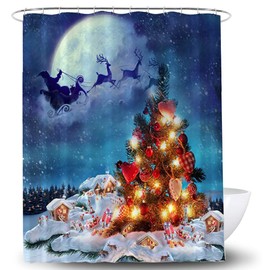 Lifreer 1PC Christmas Shower Curtain Christmas Theme Pattern Blue Bath Curtain Waterproof Polyester Shower Curtain with Hooks for Christmas Bathroom Decor（70 * 9 * 70 * 9inches