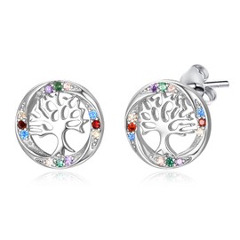 TANGPOET Tree of Life Earrings 925 Sterling Silver Round Tree of Life Multicoloured Stud Earrings Jewellery Gifts for Women Ladies Girls, Sterling Silver, Cubic Zirconia