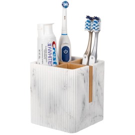 rejomiik Toothbrush Holders Electric Toothbrush Holder for Bathrooms, Bamboo Tooth Brushing and Toothpaste Storage Organizer for Sink, Countertop, Marble White