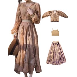 Collecala Lace Dress, Women's Wedding Dress, 3 Piece Set, Puff Sleeve Long Sleeve Blouse + Camisole + Lace Long Skirt, Loose Fit, Slimming, Elegant Dress, Stylish, Sheer, Beautiful Party, Wedding,