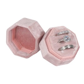 Velvet Ring Box,3 Slots Octagon Jewelry Ring Gift Box Vintage Ring Display Holder Case for Wedding Ceremony Proposal Engagement (Pink)