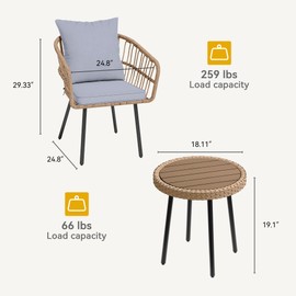 DWVO 3 Piece Patio Bistro Set, Patio Furniture Set Outdoor Wicker Bistro Rattan Chair Conversation Sets with Coffee Table for Yard Backyard Lawn Porch Poolside Balcony, Grey