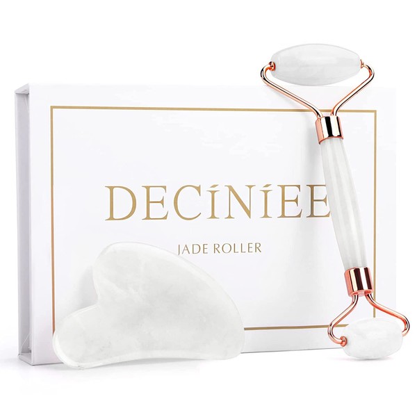 Deciniee Jade Roller and Gua Sha Set - Anti Aging Face Roller Massager & Gua Sha Facial Tools for Eye, Neck - Natural Guasha Facial Roller Skin Care Tools Body Muscle Relaxing Relieve Wrinkles-White