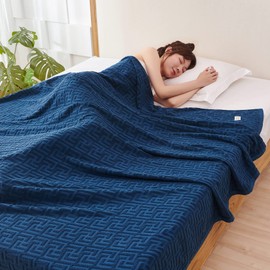 AYO Towel Blanket, Single Blanket, 100% Cotton, Organic Cotton, Stylish, Air Blanket, Quilt Blanket, Antibacterial, Lightweight, Soft to the Touch, No Pilling, For All Seasons / Summer, For Sofas, Washable, Moisture Wicking (Navy, 55.1 x 74.8 inches (140