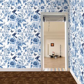 SuxiGlo Blue Floral Peel and Stick Wallpaper – Vintage Botanical Wallpaper with Birds and Butterflies for Home Décor | 17.7" x 118", Self-Adhesive, Waterproof Vinyl