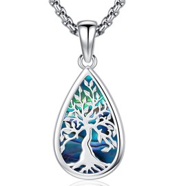 Friggem 925 Sterling Silver Tree of Life Necklace, Tree of Life Pendant Jewellery for Women Mother Girls with Gift Box, Sterling Silver, Abalone