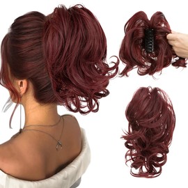 CJL HAIR Claw Clip Short Ponytail Hair Extensions DIY Bendable Metals Messy Bun Hair Piece for Wonen Wavy Curly Synthetic Fake Hairpieces Wine Red