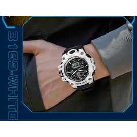 Gosasa Military Style Digital Analog Watch, Large Face 2.2", 50m Water Resistant, Dual Time Zone, Alarm, LED Backlight, Stopwatch, PU Strap (White Black)