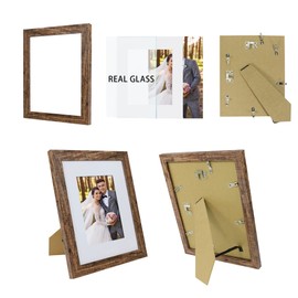 Hongkee 8x10 Picture Frame Set of 4, Made of Real Glass and Rustic Brown Wooden Frame, 8 by 10 Photo for Wall or Tabletop - Display Picture 5x7 with Mat or 8x10 Without Mat
