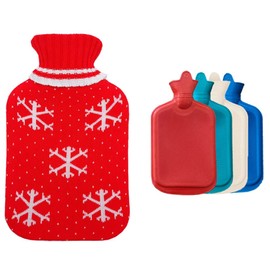 Muellery Hot Water Bottle Flat Hand Feet Warmer Lettering Hot Water Bag with Knitted Snow Pattern Cover 67.6oz(2000ml) Red (Random Bottle Color) CW00536Red