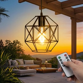FANOAULEA Battery Operated Chandelier, Outdoor Hanging Pendant Lights, Waterproof Chandelier with Remote, Gazebo Lights Indoor Lamp Lantern for Porch Pergola Patio Garden Barn Room Home Decor